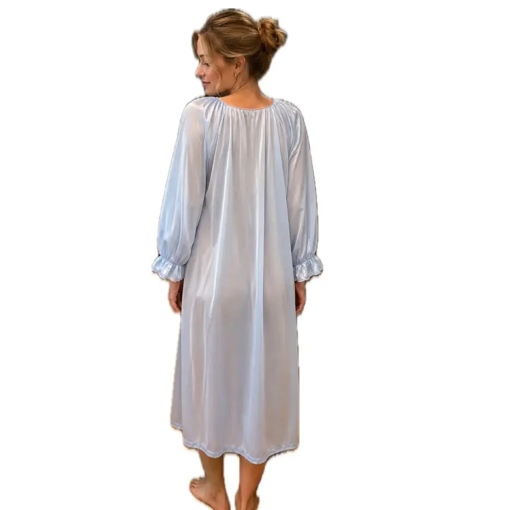 Vintage Vanity Fair Blue Nylon Nightgown Robe M Embroidered Floral USA -